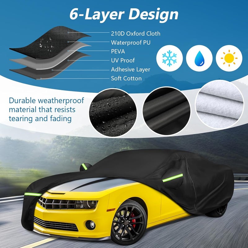 BIGACOVER for Camaro Full Car Cover 2010-2025 All Weather, Outdoor Car Covers with Zipper and Soft Cotton Lining, Windproof Heavy Duty Waterproof Protection Fit for 2010-2025 Chevy Camaro (Up to 190''L) - Image 2